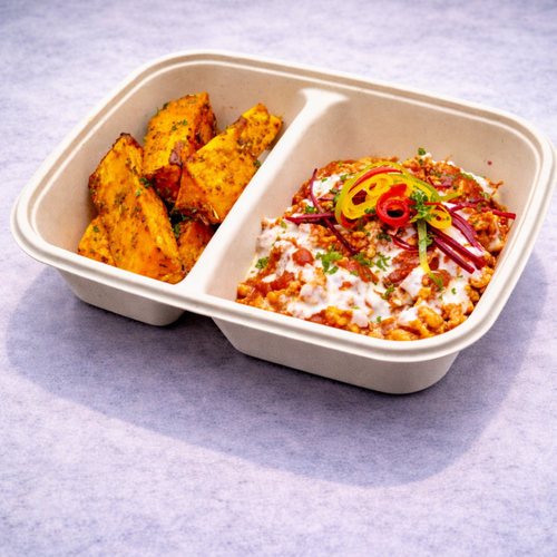 Turkish minced chicken and yogurt sauce with sweet potato